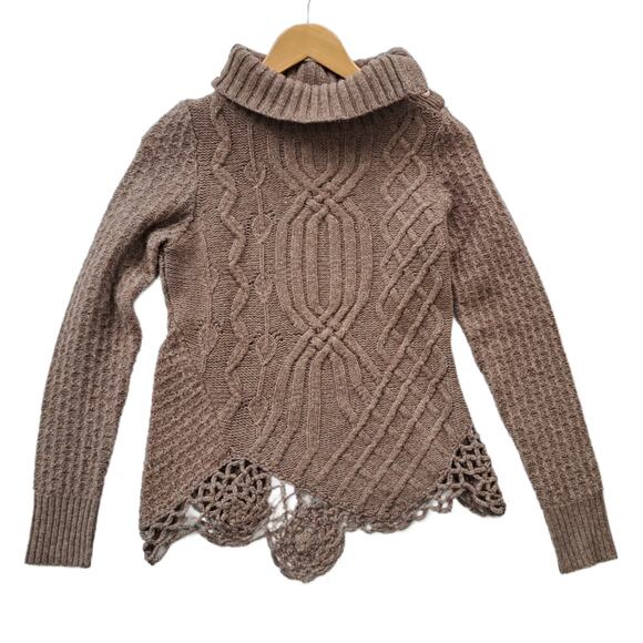 Anthropologie Moth Brown Turtleneck Cowl Wool Sweater Small Crochet Boho - Picture 8 of 11